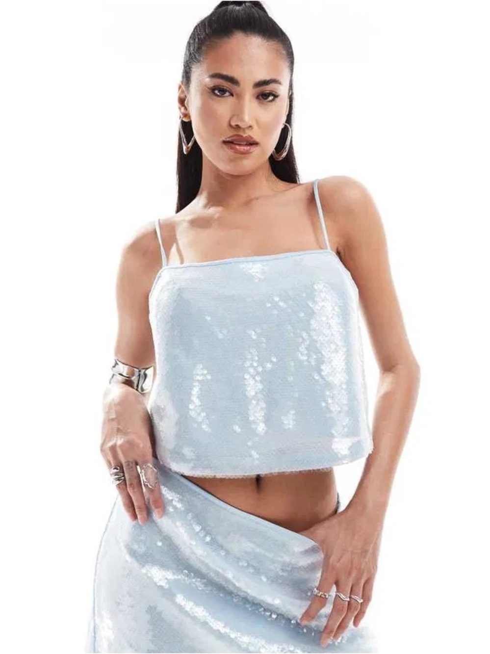 Abercrombie & Fitch Blue Square Neck Sequin Crop Top